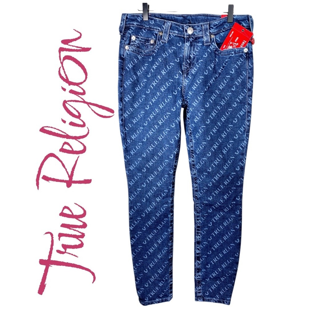 True Religion Halle Mid Rise Super Skinny All Over Logo Print Jeans Women's 31